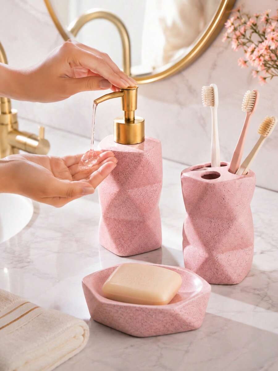 Pink Faceted Bathroom Accessories Set