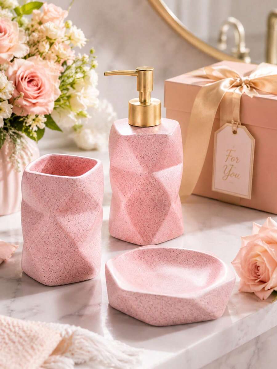 Pink Faceted Bathroom Accessories Set