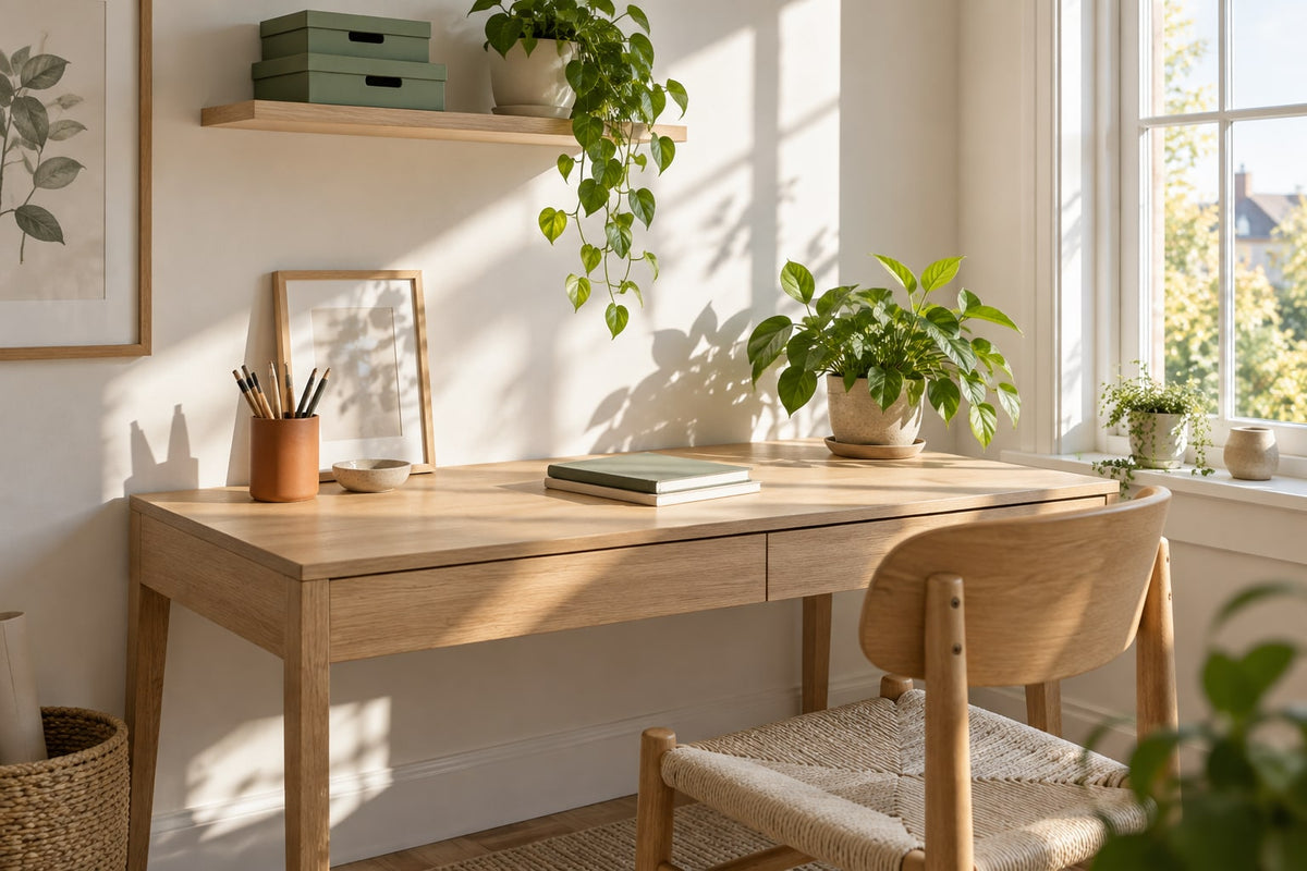Editorial inspiration: a sunlit wooden desk with sage storage boxes and plants; not a product bundle